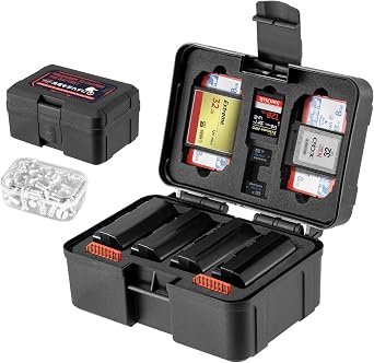 FOMITO Camera Battery Case & Memory Card Organizer - Holds 7 SD Cards 2 CFast 2 CF 2 Micro SD 2 XQD - Water-Resistant Shockproof Hard Shell Storage Box (Black Red)