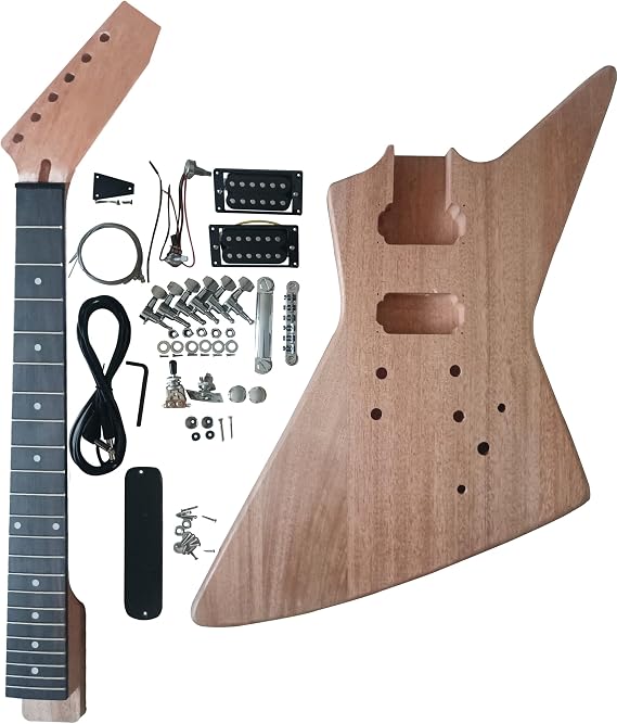 HENGYEE EX-Style DIY Electric Guitar Kit Mahogany Body and Neck - Rosewood Fingerboard Explorer Style Electric Guitar Builder Kit