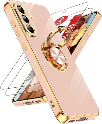 LeYi for Samsung A56-5G Case: with 2 Pack Tempered Glass Screen Protector and 360 Rotatable Ring Holder Magnetic Kickstand, Plating Rose Gold Edge for Galaxy A 56 5G Case, Pink