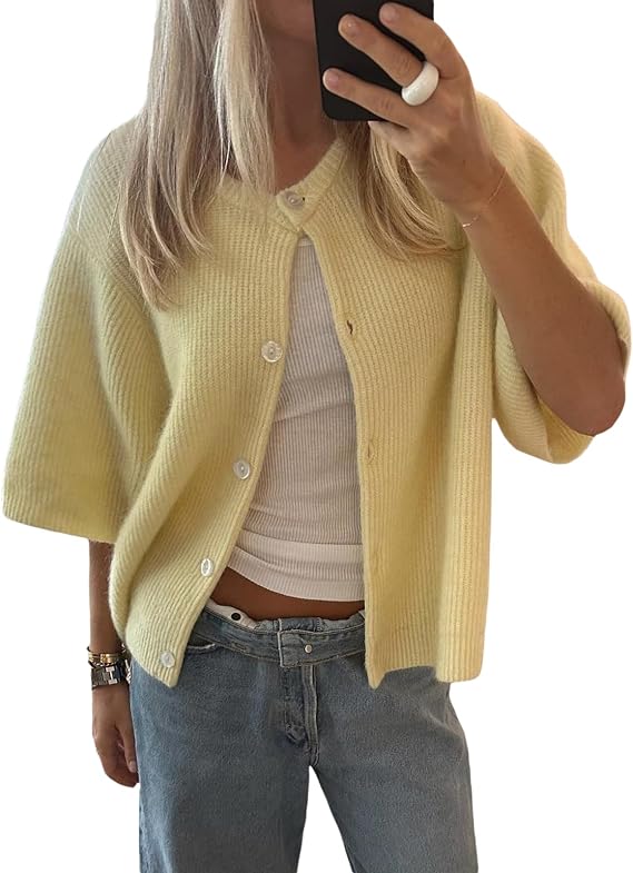 Women Knitted Button Down Short Sleeve Tops Solid Color Round Neck Cardigan Blouse Going Out Sweater Streetwear