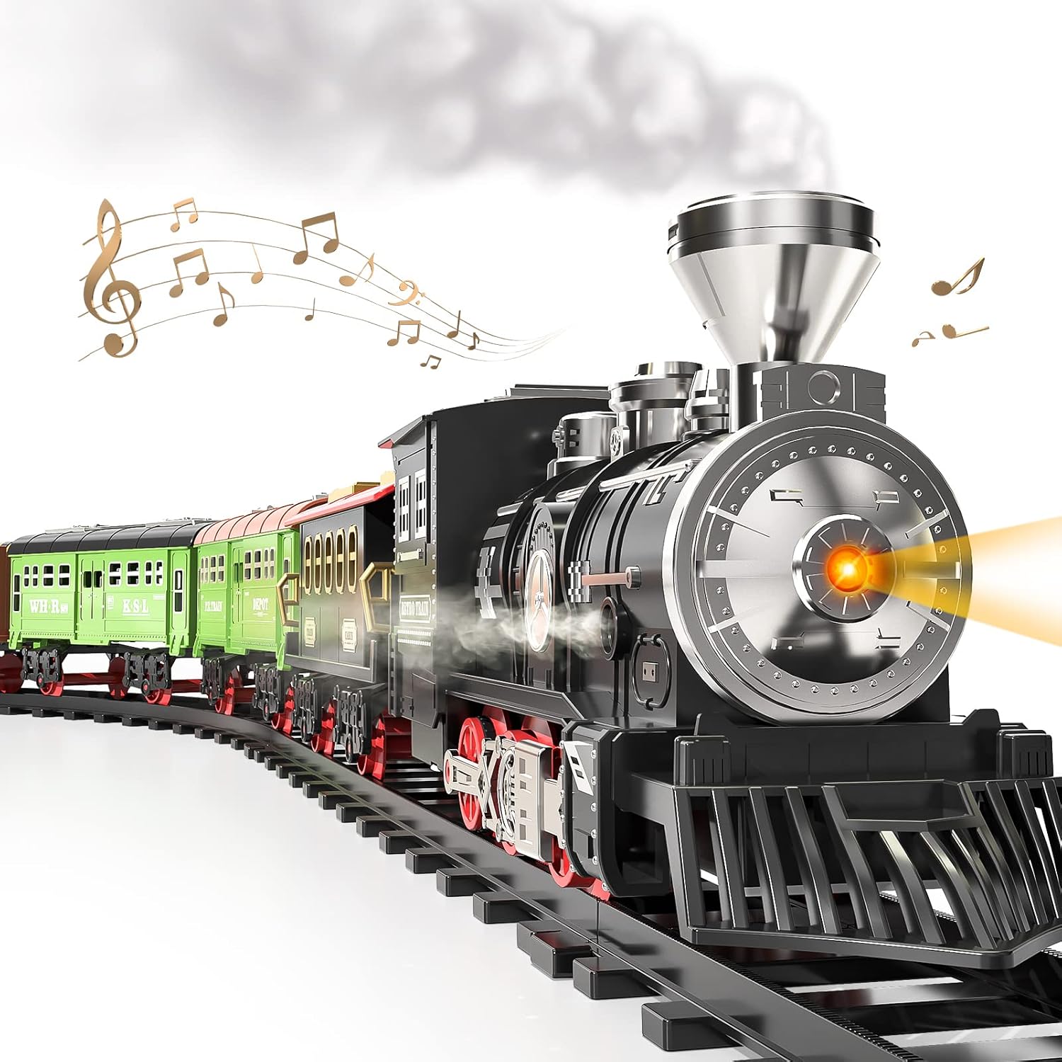 TEMI Train Set for Kids 3-12 Years, Electric Classical Steam Engine Locomotive with Steam, Light and Sounds, Rechargeable Model Trains Kit Toys wPassenger Carriage for Boys and Girls