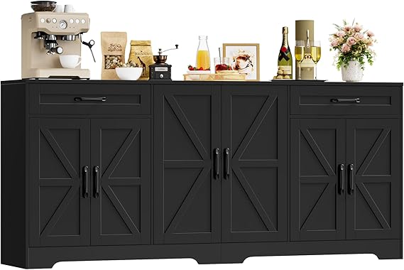 HOCSOK Sideboard, 180cm Large Kitchen Sideboard with 6 Barn Doors & 2 Drawers, Farmhouse Kitchen Cabinet with Adjustable Shelves, Buffet