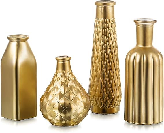 Glasseam Gold Glass Vase for Flowers: Set of 4 Small Vases for Home Decor | For Single Floral, Modern Aesthetic, Decorative Table Centerpieces, Living Room, Wedding, Home Decor, Housewarming Gift