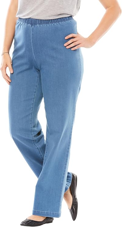 Woman Within Fineline Stretch Denim Wide-Leg Pull-On Jeans