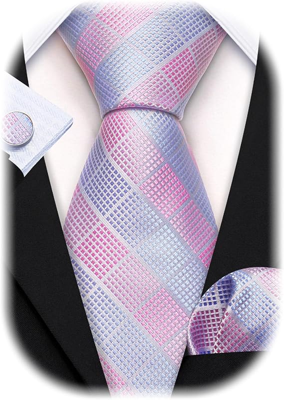 Barry.Wang Plaid Ties Checkered Mens Silk Necktie Handkerchief Cufflinks