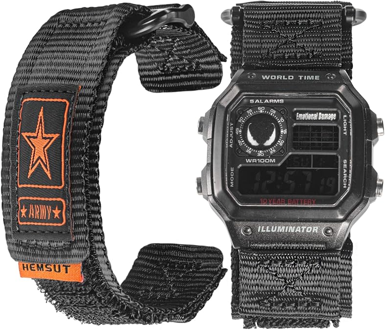 HEMSUT 18mm Quick Release Nylon Watch Band for G-Shock Compatible with Casio G-Shock AE/F/W Series (AE-1200, F-91W, W-735H, DW-H5600), Super Rugged Military Style Replacement Strap (Premium Seatbelt Nylon)