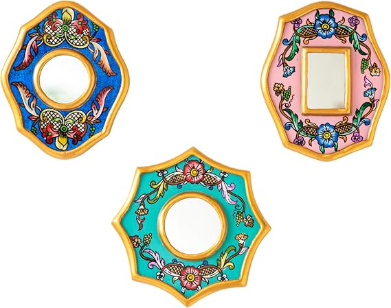 Decorative mini Mirrors wall Decor Set of 3 - Peruvian Hand Painted Glass Mirror 4in for Boho Decor