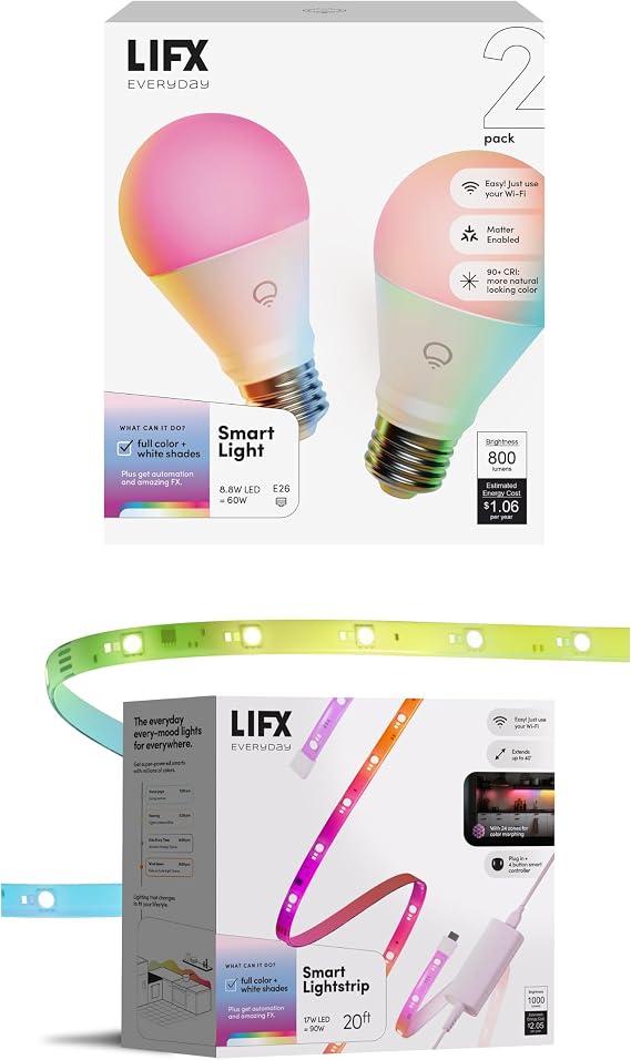 LIFX Everyday Bundle: Smart Light Bulbs (2 Pack) + 20ft Smart Strip Lights, Wi-Fi RGB Smart Bulbs & Light Strip, Tunable White, Matter Compatible, Compatible with Alexa Google Apple Home SmartThings