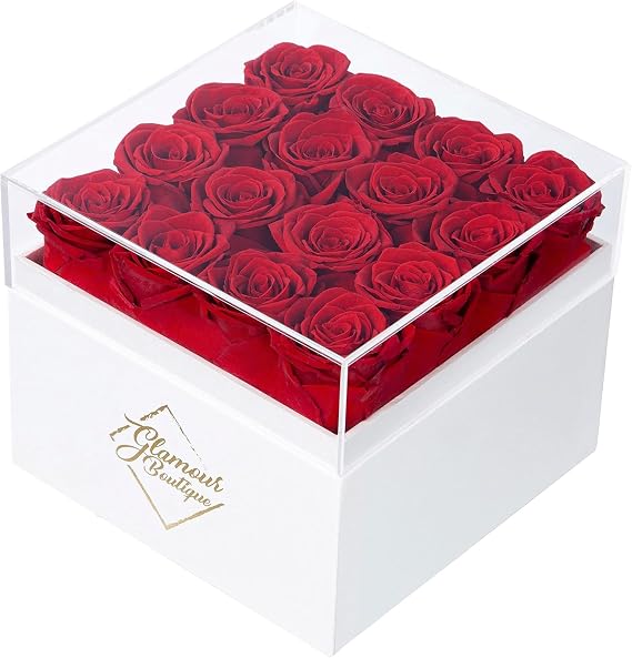 GLAMOUR BOUTIQUE Preserved Roses in a Box - Gifts for Her, Wife & Mom, Rose Flowers Forever Decor for Birthday Gift, Get Well Flower Bouquet Cased in White Box with Cover - Red - 16 (Color-Treated)