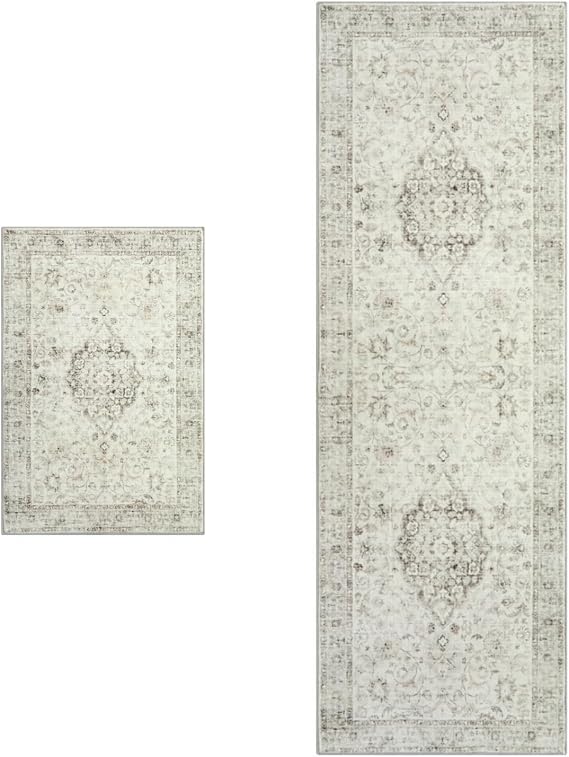 LIVEBOX Washable 2 Piece Set 2'x6'+2'x3' Rug,Boho Kitchen Runner Entryway, Low-Pile Accent mat for Bedroom, Non-Slip Soft Carpet Throw Rug for Bathroom,Taupe