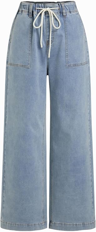 CIDER Womens Drawstring Baggy Wide Leg Jeans with Deep Pockets