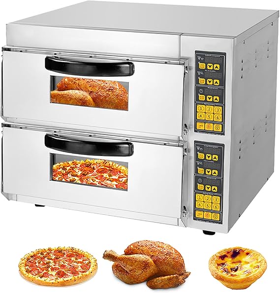 Commercial Pizza Oven, 16 inch Pizza Double Deck, Electric Oven Multipurpose Toaster Bake Broiler 40L Capacity Stainless Steel for Restaurant Home For Pizza Bread Tarts Barbecue Dessert Kebabs