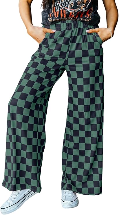Acelitt Womens Checkered Pants | Wide Leg, Elastic Waist, Relaxed Fit, Pockets, Casual Summer Outfits for Beach, Vacation, Lightweight Comfy Lounge Trousers