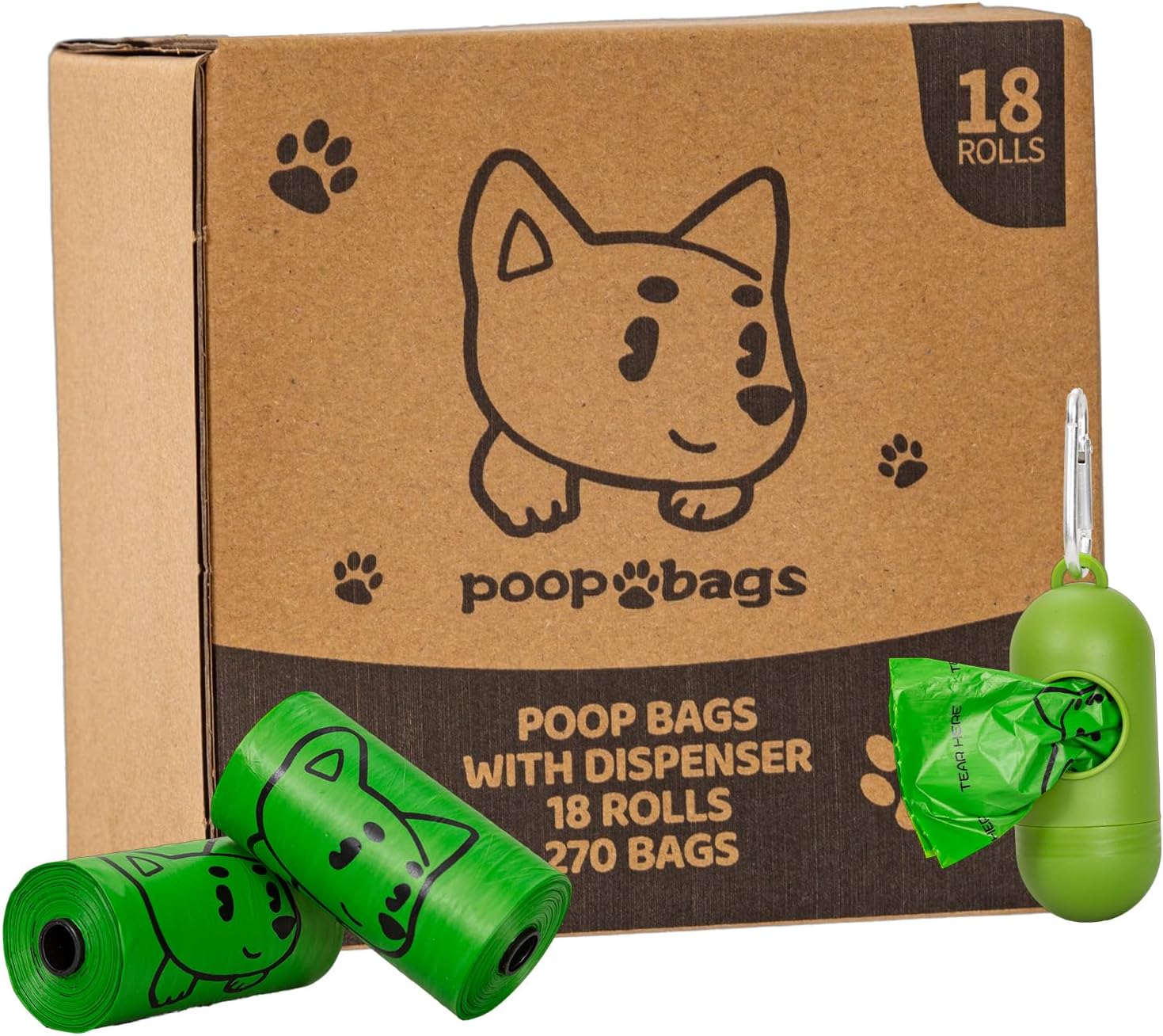 Dog Poop Bags With Dispenser, Strong and Leak-proof Waste Bags for Pets, Floral Scented, 270 Count (18 Packs of 15), 13 Inch x 9 Inch (Green)