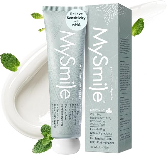 MySmile Fluoride Free Nano Hydroxyapatite Toothpaste for Sensitive Teeth, Strengthens Enamel, Remineralizes & Whitens Teeth, Freshens Breath for Adults, SLS Free, Misty Mint, 4.2 oz