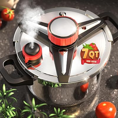188 Stainless Steel Pressure Cooker 7 QT, [Save 70% Cooking Time] Olla De Presion with Food-Grade Body [One Hand Operation] Rotating LockUnlocking Lid System, Steam Rack Included