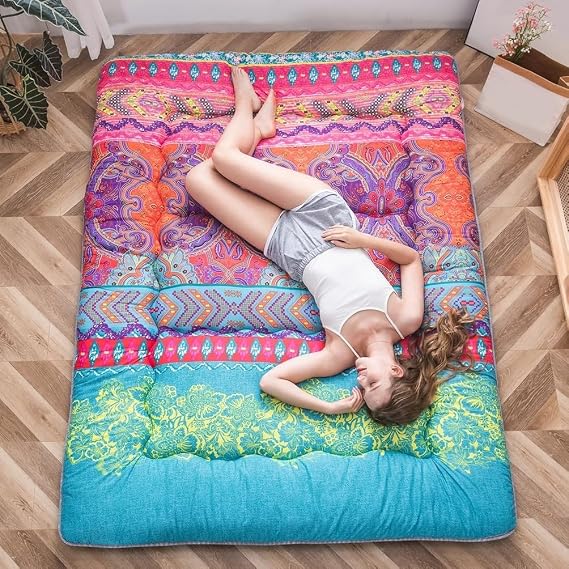 Shiki Futon Mattress,Japanese Mattresses Futon Thicken Floor Mattress,Roll Up Sleeping Pad with Washable Cover for Guest Bedroom/Dormitory/Couch/Tent,Boho,Twin/90x200cm