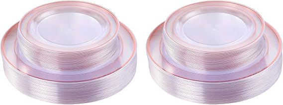 I00000 60 Pcs Rose Gold Plastic Plates, Disposable Party Set Include: 60 Clear Plastic Plates with Rose Gold Trim for dinner and dessert Perfect for Holidays, Wedding & Party Supplies (Pack of 2)