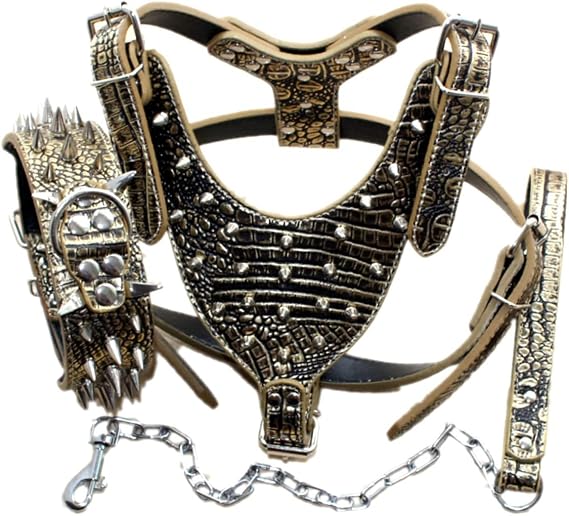 Leather Sharp Spiked Studded Dog Collars, Harnesses & Chain Leashes 3Pcs Matching Set for Medium & Large Dog Pit Bull,Mastiff, Boxer, Bull Terrier