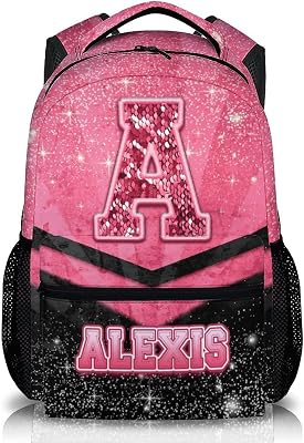 Custom School Backpack for Girls 3-10 - Personalized Glitter Initial Name Backpack for Kids Kindergarten Preschool Primary - 17 Inch Black & Pink Student Cheerleader Bookbag for Travel Work School