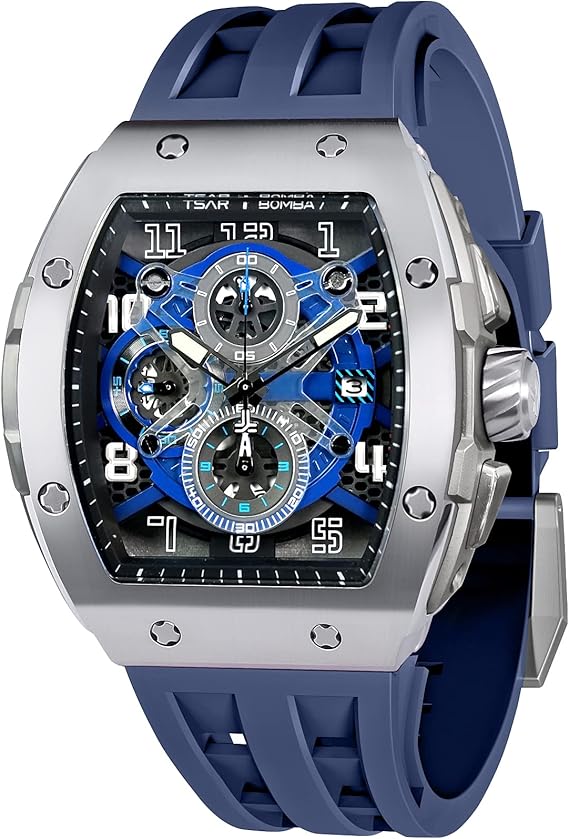 TSAR BOMBA Men's Watch Tonneau Design 50M Waterproof Chronograph Luxury Watches for Men with 316 Stainless Steel Case Square Sport Military Work Wristwatch with 22mm Watch Strap Stylish Men's Gift