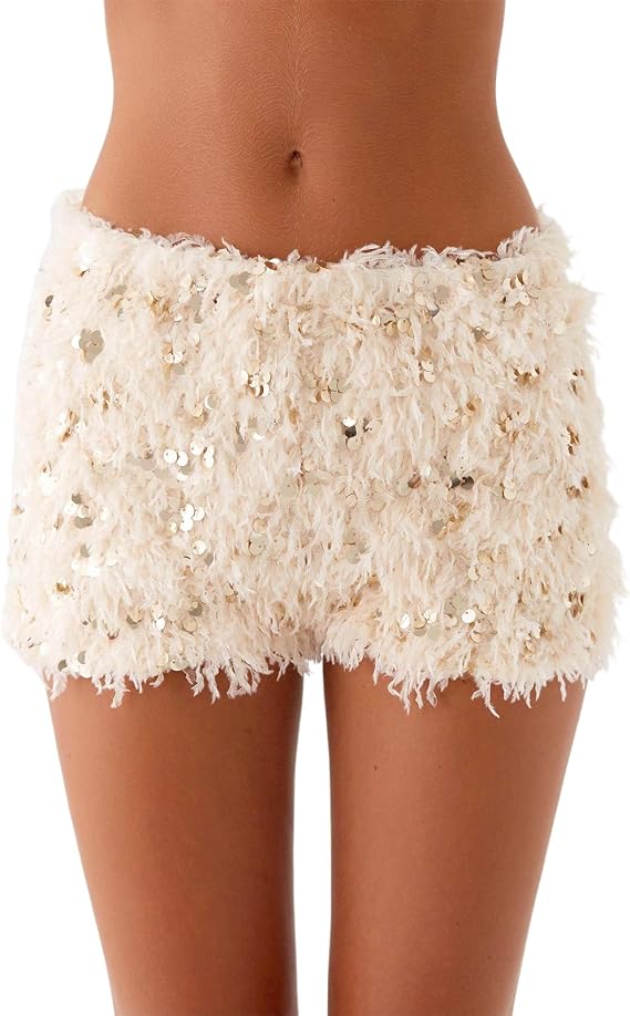 SSPalu Sequin Mini Shorts High Rise Furry Sequined Slim Fit Summer Boys Shorts Trendy Sexy Club Party Nightwear