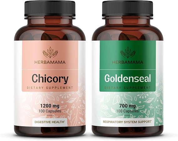 HERBAMAMA Chicory and Goldenseal Kit - Bundle of Chicory Root Capsules 100 & Goldenseal Root Capsules - Vegan, Non-GMO, Gelatin-Free - 2 Pack