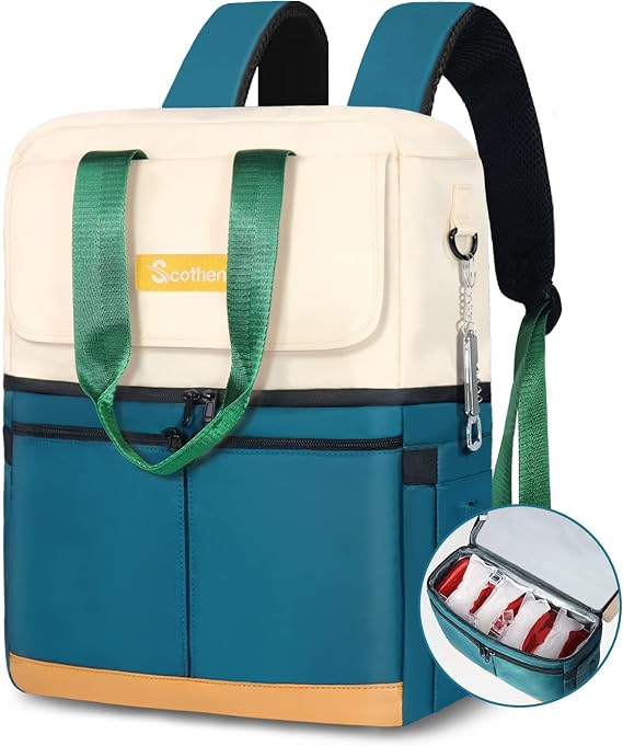 Scothen Backpack Cooler with Double Decker & 12 Ice Packs- Keeps 36 Cans Cold for Up to 24 Hours- Waterproof & Leak Proof Insulated Cooler Backpack- Stylish Cooler Bookbag for Women Travel Work Beach