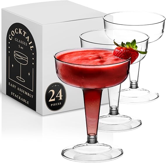 DecorRack 24 Coupe Cocktail Glasses, 5 oz BPA-Free Plastic Cups