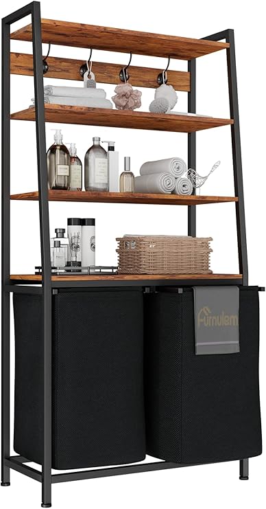Laundry Hamper with Shelf, Tall Laundry Basket Clothes Hampers | 4 Tiers Storage Shelf and Hooks, Double Clothes Hampers with 2 Removable Bags for Bathroom Bedroom Organization and Storage