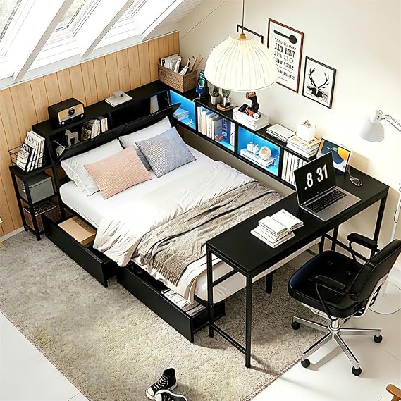 Bellemave Full Size Corner Bed Frame with Storage Bookcase & 2 Drawers, Modern Metal Full Daybed with LED Lights & Charging Station, Reversible Full Corner Bed with Desk for Space-Saving, Black