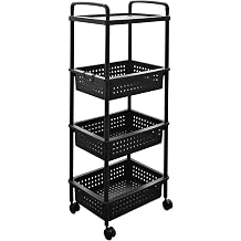 ABBAware 4 Tier Plastic Storage Utility Cart with Top Tray and Large Baskets with Reinforced Lockable Wheels for Home Storage, Office Storage, Black