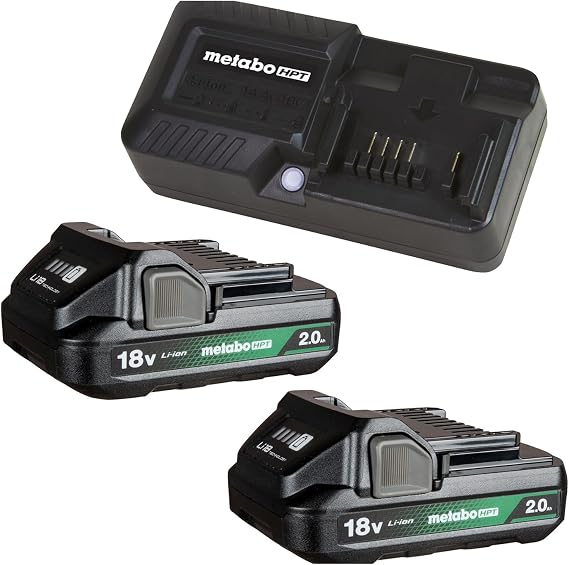 Metabo HPT 18V Lithium Ion Battery & Charger Kit, 2.0Ah Batteries with Charge Indicators, Lightweight Design, Long Lasting Power with 30% Longer Runtime, Multiplex Protection Circuit, UC18YKSLS