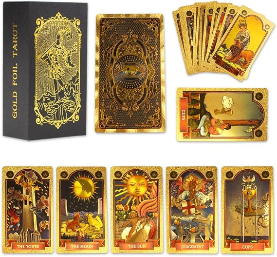 78 + 2 Piece Tarot Cards with Book for Beginners Golden Eye Tarot Cards Deck with Side Travel Guide PVC Tarot Cards Waterproof and Wrinkle Free Tarot Cards (Gold)