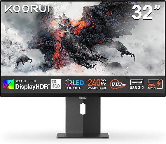 KOORUI 32 Inch Oled Gaming Monitor, 240Hz, 4k oled monitor, 0.03ms, HDR 400 | Adaptive Sync, Lifting Adjustable, VESA Mountable, USB-C/HDMI/DP, Low Blue Light, 99% SRGB