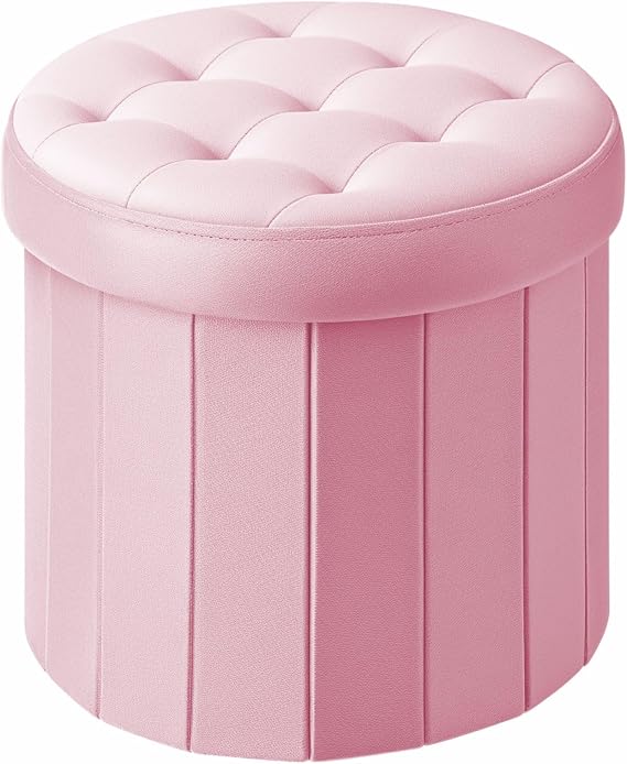 Bsketa Round Storage Ottoman, 14" Folding Velvet Foot Stool Rest,Pink | Foot Stool with Thicker Foam Padded Seat Small Velvet,Livingroom, Dorm, Bedroom, Easy to install,14 x 14 x 13in