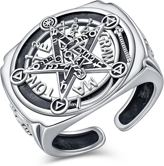 CELESTIA Mens Saint Benedict Cross Archangels Pentagram Rings 925 Silver Finger Rings for Men Adjustable Signet Ring Gothic Gifts for Dad Husband Fathers Day