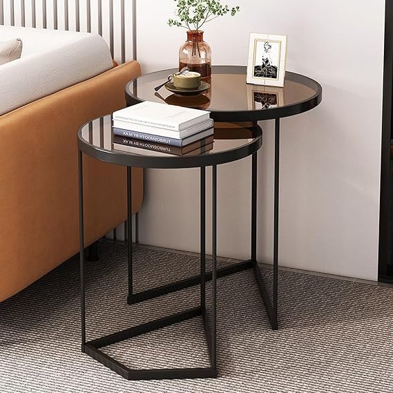 Glass Round Nesting Coffee Table Set of 2,Small Coffee Tables Set with Metal Frame Glass Top,Stacking Accent Side Tables for Living Room,Bedroom,Black
