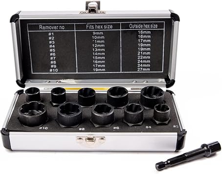 10Pcs Bolt Extractor Damaged Nut Remover Set,Broken Screw Nut Bolt Extractor Kit Stud Extractor Locking Socket Tools Kit,Drive Socket with Storage Case 9-19mm