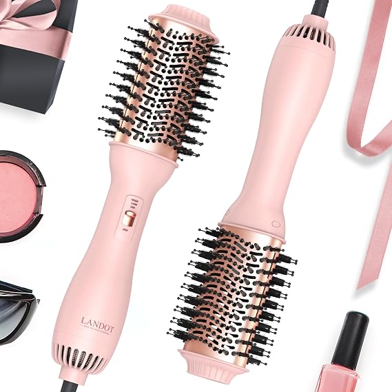 LANDOT Blow Dry Hair Brush 60mm, One Step Hair Dryer & Volumiser for Smooth | Ionic Anti-Frizz Ceramic Titanium Barrel, Shine Frizz-Free Blowout, 3 Heat Settings for Long Thick Curly Hair, UK Plug