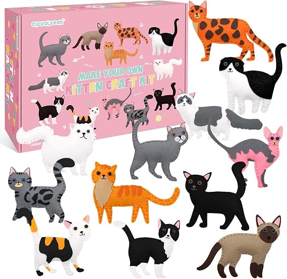 CiyvoLyeen Cat Sewing Kit for Kids Ages 7 8 9 10 11 12 Kitten Plush Toys Arts & Crafts Set for Beginners, Learn to Sew Gifts Idea for Girls & Boys, Felt 12PCS