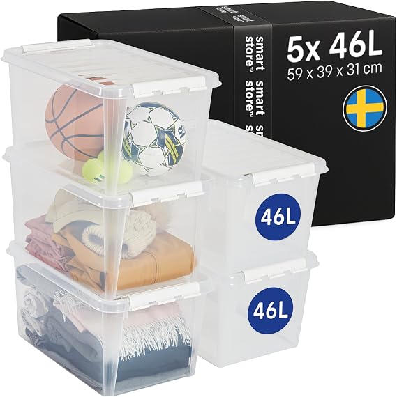 SmartStore - 5x Plastic Storage Box with Lid Classic 46L (59x39x31cm) |Plastic Storage Drawers with Lid|Food-Safe Material|Kitchen & Organisation|Durable Container for Home & Office|