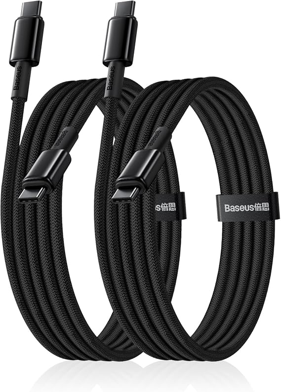 Baseus USB C Cable, 2-Pack 6.6ft 100W 5A Fast Charging USB C to USB C Cable, Zinc Alloy Nylon Braided USB Type C Charger Cable for iPhone 16 15 Pro/Plus/Pro Max, MacBook, iPad Pro/Mini, Galaxy S24/S23