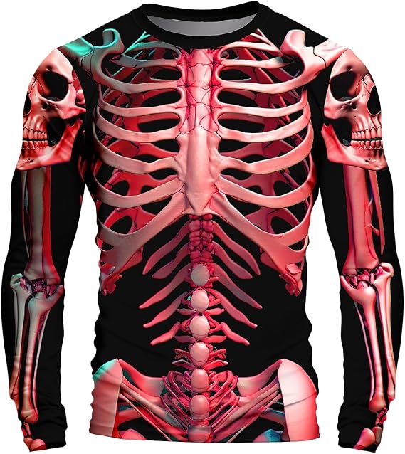 Halloween 3D Print Skeleton Shirts for Men Long Sleeve Crewneck Sweatshirt Funny Graphic Tee Holiday Party Costumes