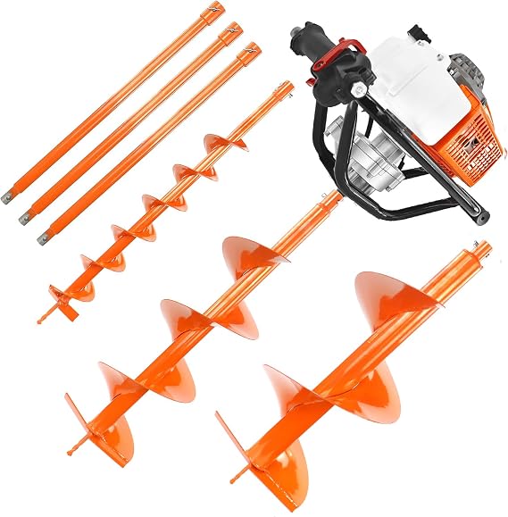 NEOTEC 72CC Ice Auger 2-Stroke Gas Powered Earth Auger Post Fence Hole Digger + 4" 8" 12" Auger Triple Drill Action Design Bits + 3 X 24 Extension Bars, Petrol Drill Borer