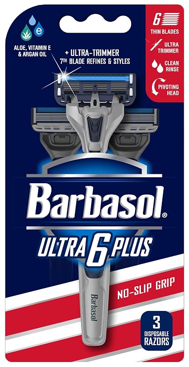 Barbasol Ultra 6 Plus Disposable Razor Value Pack (1 Pack/3 Total Razors) | Premium 6-Blade Disposable Razors, Close Shave technology, UltraTrimmer 7th Blade, Pivoting Head, Razor Bundle