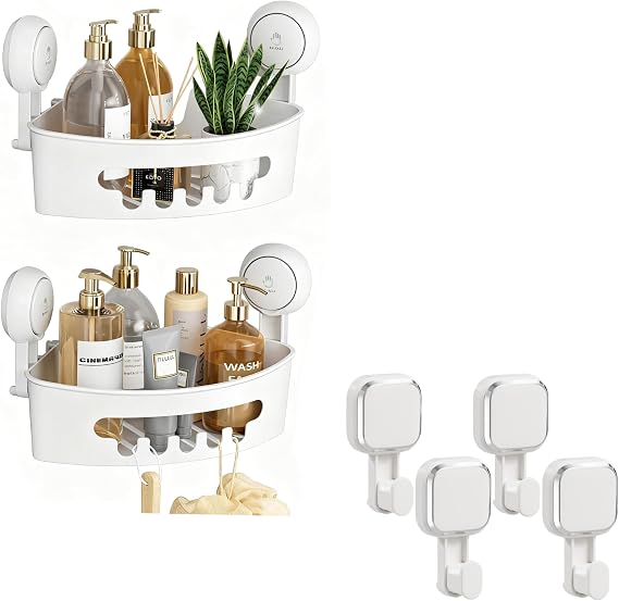LEVERLOC Corner Shower Caddy Suction Cup &Suction Cup Hooks for Inside Shower 4 Pack, One Second Installation NO-Drilling Removable Powerful Suction Shower Caddy Suction Cup Waterproof Organizer