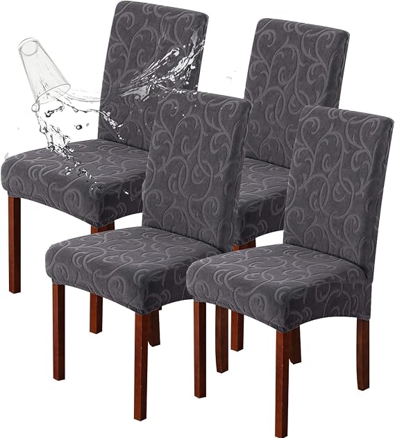 Genina Waterproof Dining Room Chair Covers Stretch Parsons Chair Slipcovers for Dining Room Kitchen Chair Protector Cover, Removable, Washable (4, Flower Pattern-Dark Gray)