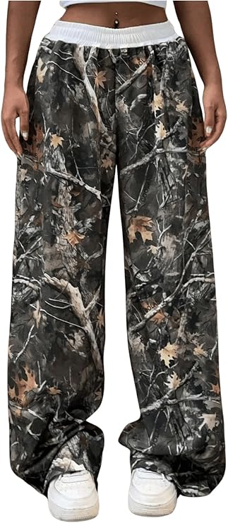 COZYEASE Women's Camo Print Graphic Pants Elastic Waist Wide Leg Sweatpants Streetwear