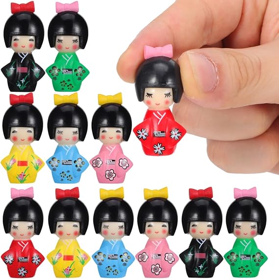 ABOOFAN 12pcs Japanese Kimono Dolls Traditional Kokeshi Dolls Ornaments Small Collectible Figurines for Office Bar Home Party Table Decoration